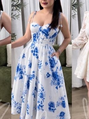 Blue & White Floral Tie-Shoulder Midi Dress